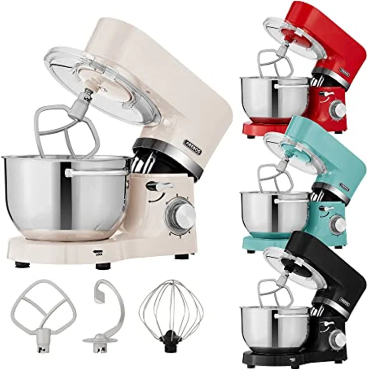 Arebos Küchenmaschine 1500W Creme | Knetmaschine mit 2x Edelstahl-Rührschüsseln 4,5 & 5,5L | Geräuscharm | Küchenmixer mit Rührhaken, Knethaken, Schlagbesen und Spritzschutz | 6 Geschwindigkeiten – Bild 1