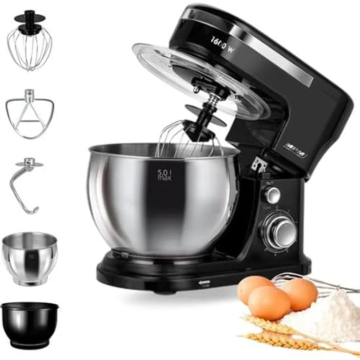 MPM MRK-21 Küchenmaschine 1600W - Knetmaschine mit 5L Edelstahlbehälter & 4L Kunststoffschüssel - Küchenroboter mit 3 Rührbesen, 6 Geschwindigkeiten, Schwarz