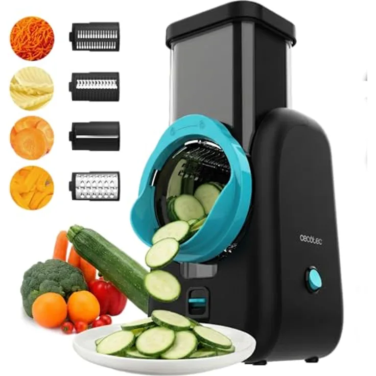 Cecotec Elektrisch Gemüseschneider Total Blade Full Black, 80 W mit 4 austauschbaren Schneidtrommeln, direkter Auswurf, kompaktes Design