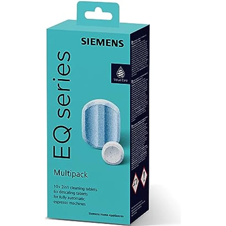 Siemens Multipack TZ80003A, Inhalt: 1 x 10 Reinigungstabletten (je 2,2 g) und 2 x 3 Entkalkungstabletten (je 36 g), für Kaffeevollautomaten der EQ Serie, weiß – Bild 1