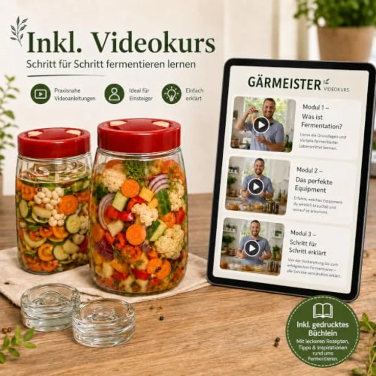 GREEN WISE GÄRMEISTER Fermentierglas Set 2er, 1,4 L mit Gärventil & Deckel, inkl. 2 Fermentiergewichte und 7-teiliger Videokurs für Gemüse, Sauerkraut & Kimchi – Bild 2