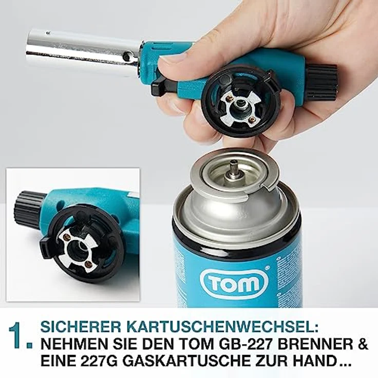 TOM GB-227 Lötbrenner, Flambierbrenner Set mit 1300°C Flammentemperatur, Piezozündung, optional 4x 224g Gaskartuschen – Bild 6