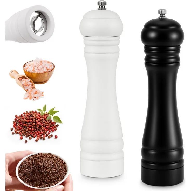 BlingBin Salz-/Pfeffermühle 2er Set aus Holz, manuell mit verstellbarem Keramikmahlwerk für grobes Salz und Pfeffer, Schwarz & Weiß