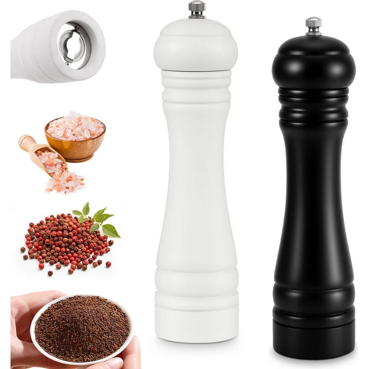 BlingBin Salz-/Pfeffermühle 2er Set aus Holz, manuell mit verstellbarem Keramikmahlwerk für grobes Salz und Pfeffer, Schwarz & Weiß