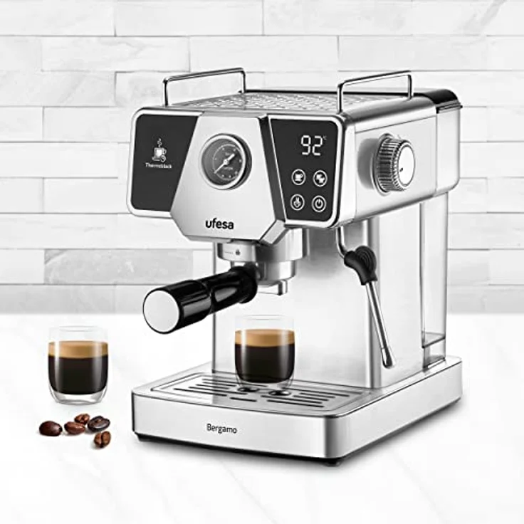 Ufesa Bergamo, Espressomaschine und Cappuccino, Touchscreen, Druck 20 bar, 1350 W, Thermoblock-System, verstellbarer Verdampfer, gemahlener Kaffee, Tank 1,8 l, automatische Abschaltung Stahl – Bild 2