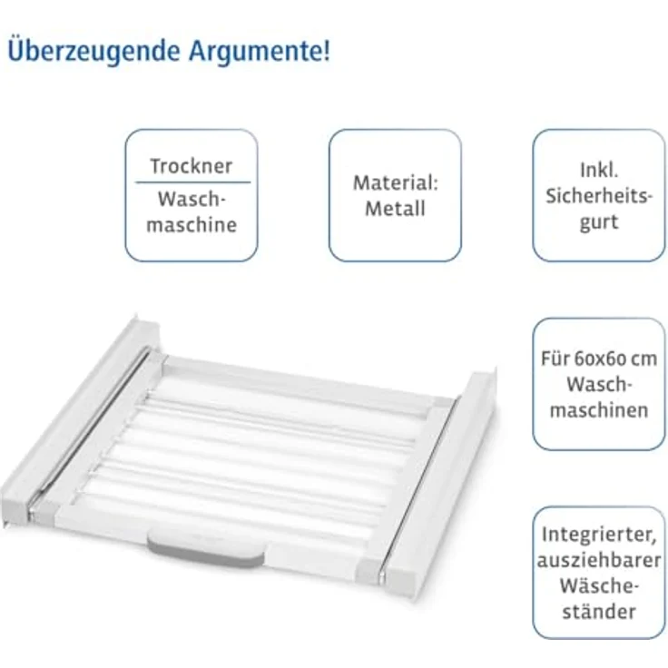 Xavax Zwischenbaurahmen mit Wäscheleine (Verbindungsrahmen für Waschmaschine und Trockner, Zwischenbausatz mit integriertem Wäscheständer, inkl. Zurrgurt) weiß – Bild 2