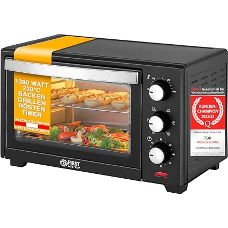 TZS First Austria 20 Liter Minibackofen mit 1380 Watt schwarz | Unter-Oberhitze bis 230 Grad stufenlose Temperaturregelung | 60 Minuten Timer | Doppelglastür | Mini Ofen | Krümelblech