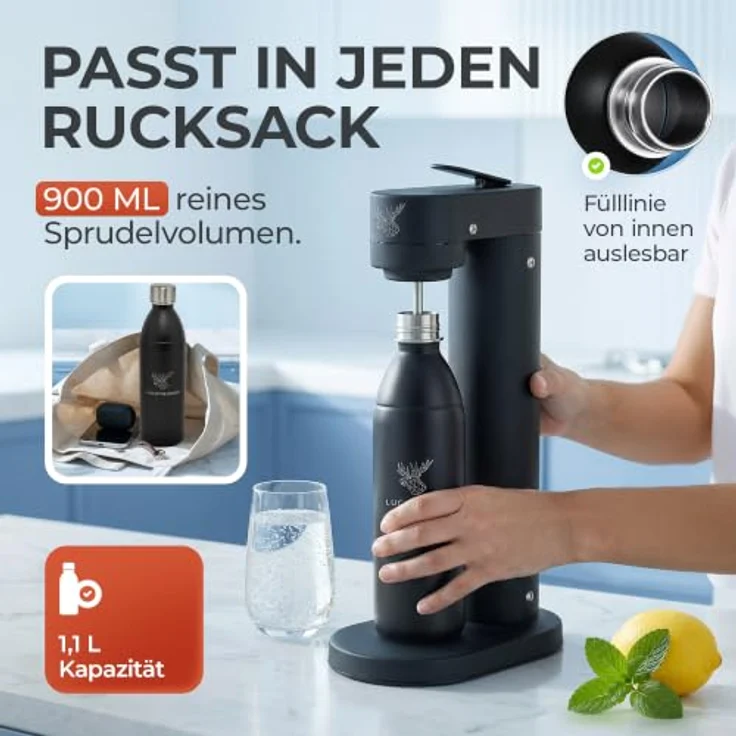 Luckymoose Infinity Edelstahlflasche für Wassersprudler, spülmaschinenfest, 0,75 bis 1,1 Liter, bruchsicher, für SodaStream DUO & TERRA – Bild 3