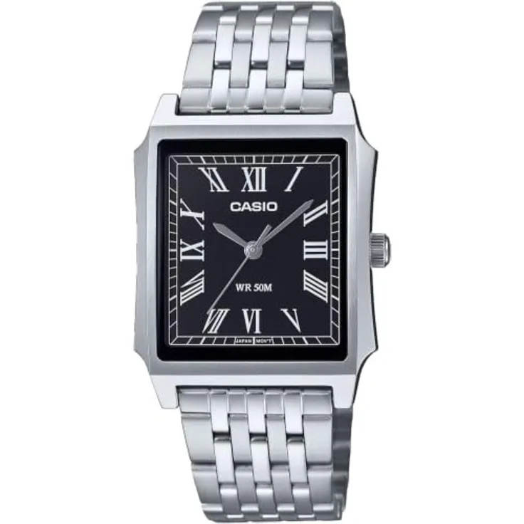 Casio Enticer MTP, Analog Herrenuhr mit schwarzem Zifferblatt und silbernem Armband, wasserabweisend
