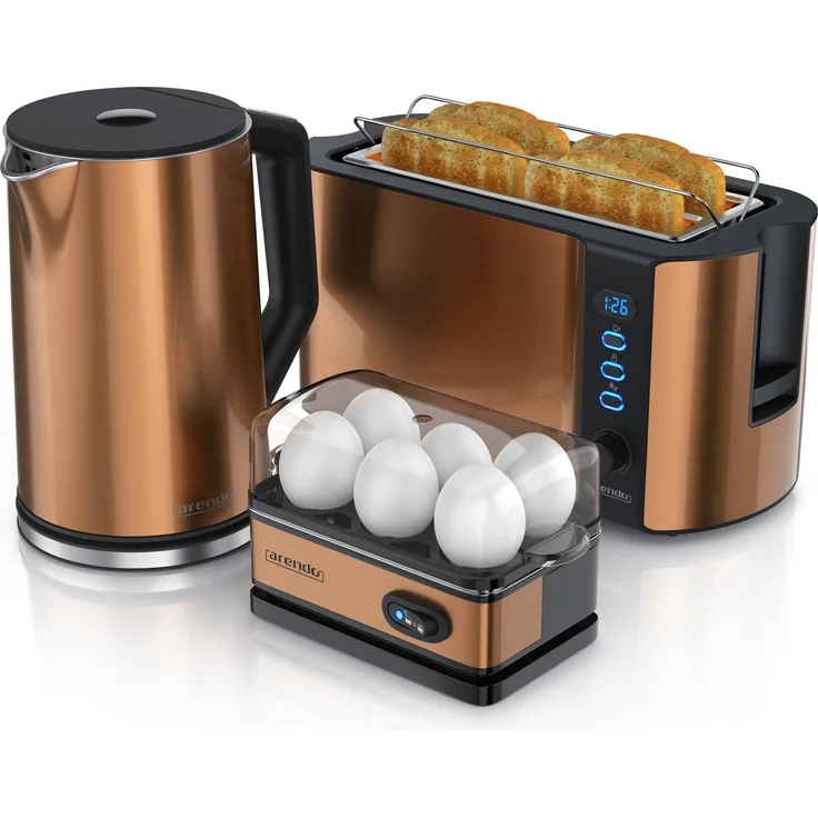 Arendo Frühstücks-Set, 4-Scheiben Langschlitztoaster, Wasserkocher 2200W, 6er Eierkocher, Kupfer