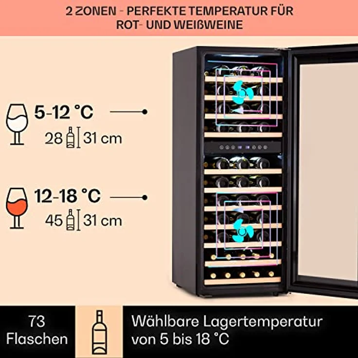 Klarstein Barossa 73 Duo Weinkühlschrank, freistehend, schwarz, 73 Flaschen, 2 Temperaturzonen, Touch-Display, Energieklasse G – Bild 4