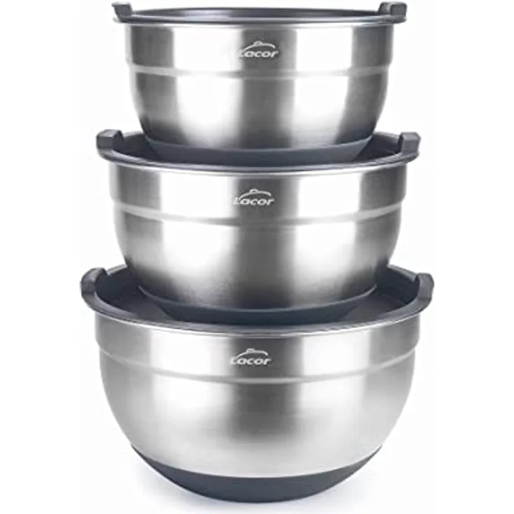 Lacor - 60051 - Set mit 3 Edelstahlschalen, Schüsseln, Salatschüsseln, Lebensmittelbehälter, inklusive Deckel, stapelbar, Größen: 20 cm (3 L), 22 cm (3,8 L) und 24 cm (4,8 L)