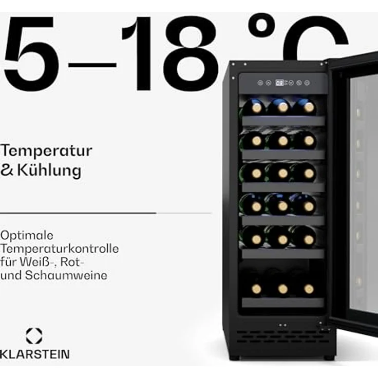 Klarstein Vinovilla 18 Uno Weinkühlschrank Einbau, 18 Flaschen, 1 Zone, 5-18 °C, LED-Touch, leise 38 dB, mattschwarz, beleuchtet – Bild 4