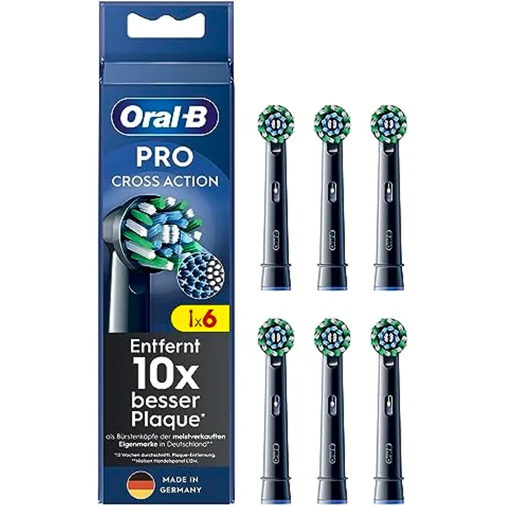 Oral-B Pro CrossAction Aufsteckbürsten für elektrische Zahnbürste, 6 Stück, überlegene Zahnreinigung mit innovativen X-förmigen Borsten, Original Oral-B Zahnbürstenaufsatz, Made in Germany, schwarz