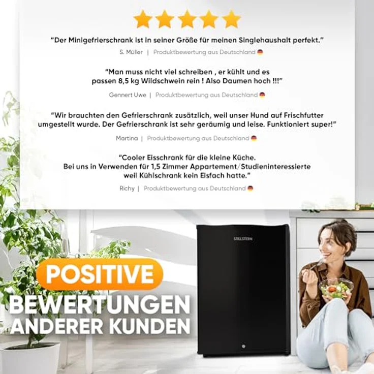 Stillstern Mini Gefrierschrank (42L), 4-Sterne Tiefkühlschrank -18°C mit Schloss, wechselbarem Türanschlag, Eiswürfelschale, Schwarz – Bild 2