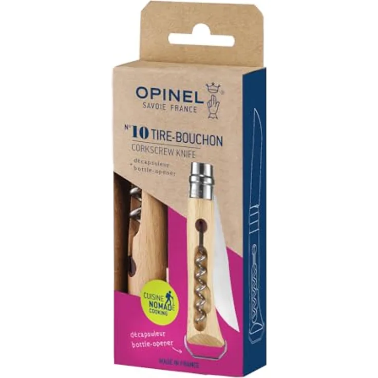 Opinel N10 Outdoormesser mit Korkenzieher und Flaschenöffner, 10 cm Klinge aus rostfreiem Edelstahl, im Blister