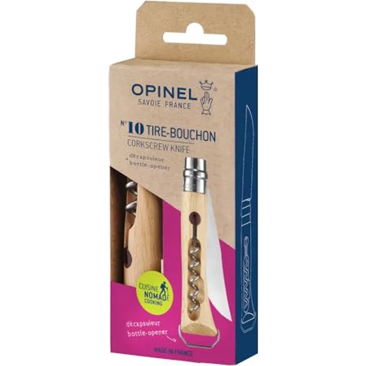 Opinel N10 Outdoormesser mit Korkenzieher und Flaschenöffner, 10 cm Klinge aus rostfreiem Edelstahl, im Blister