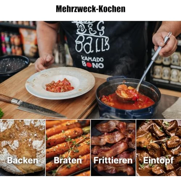 GRAND FEU Schmortopf Gusseisen, 4.7L emaillierter Topf mit Deckel und breiten Griffen, rot, für Schmoren und Backen, hohe Temperatur bis 300°C geeignet – Bild 5