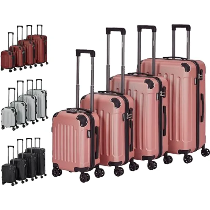 Arebos 4tlg. Hartschalenkofferset I ABS-Hartschale I Trolley Kofferset I Reisekoffer mit Teleskopgriff I Inkl. Reißverschluss-Schloss, 360° Rollen I Reisekofferset S-M-L-XL | Rosé-Gold