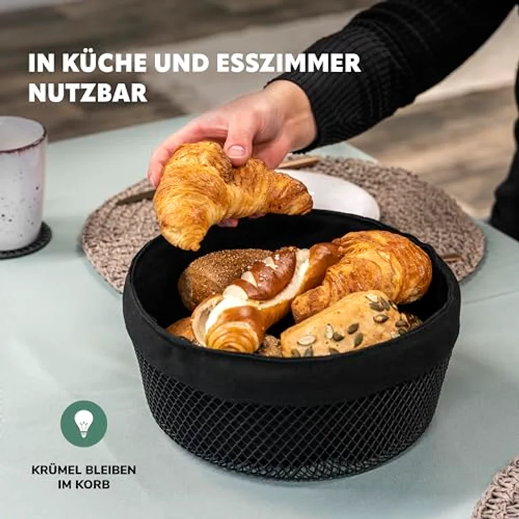 eluno Obstkorb - Brotkorb, moderne Obstschale aus schwarzem Metall mit abnehmbarem waschbarem Bezug - Luftzirkulation für längere Frische Ø ca. 25 x 11 H cm – Bild 4