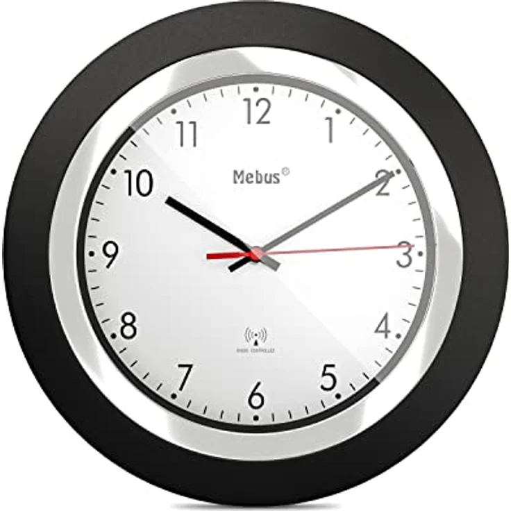 Mebus Funk-Wanduhr/klassisches Model/schwarzer Rahmen/weißes Zifferblatt / 24cm Durchmesser/Rund/Funkuhr (DCF77) / Modell: 19451 / Farbe: Schwarz, Weiß – Bild 1
