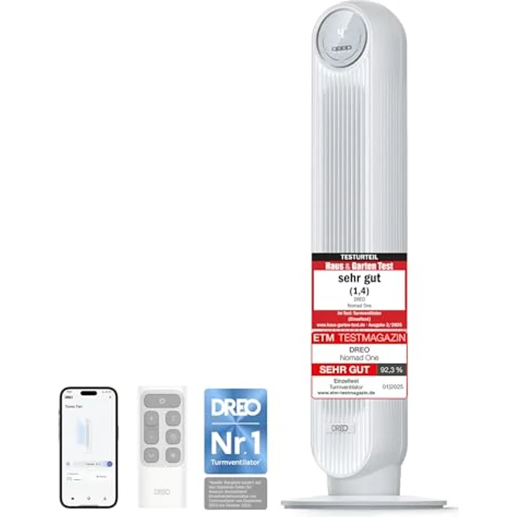 Dreo Smart Turmventilator Nomad OneS, 20dB leise, 10 m Wurfweite, 4 Geschwindigkeitsstufen, 4 Modi, 8 Std. Timer, 90° Oszillation, WLAN & Fernbedienung, Weiß – Bild 1