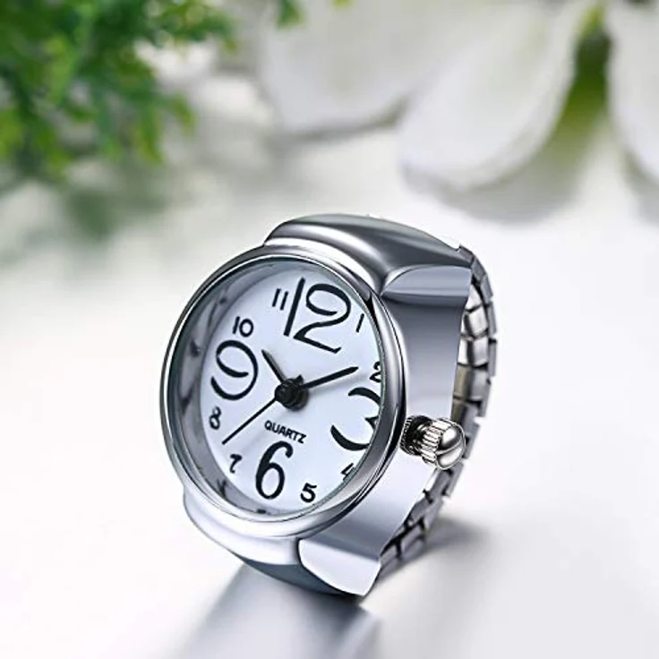 JewelryWe Ringuhr Fingeruhr Herren Damen, rund Analog Quarz, elastisches Legierungsband, Weiß, 0.85" Gehäusedurchmesser – Bild 5