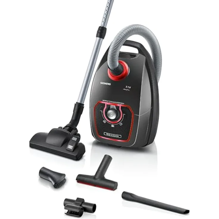 SIEMENS Staubsauger mit Beutel Z7.0 VSZ7XTRM, ideal für Allergiker, Hygiene-Filter, leise, für Parkett, Teppich, Fliesen, XXL-Polsterdüse, XXL-Fugendüse, langes Kabel, Made in Germany, 750 W, grau