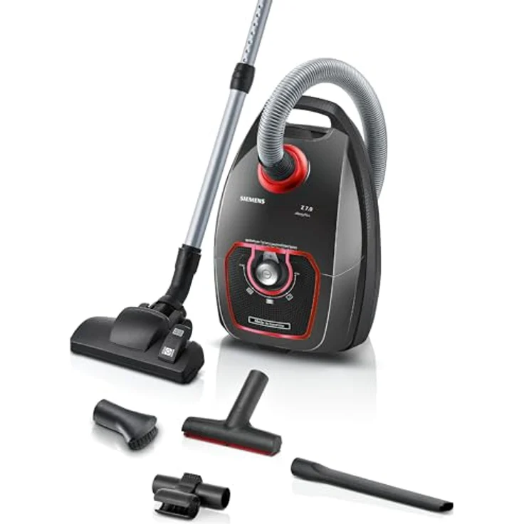 SIEMENS Staubsauger mit Beutel Z7.0 VSZ7XTRM, ideal für Allergiker, Hygiene-Filter, leise, für Parkett, Teppich, Fliesen, XXL-Polsterdüse, XXL-Fugendüse, langes Kabel, Made in Germany, 750 W, grau – Bild 1