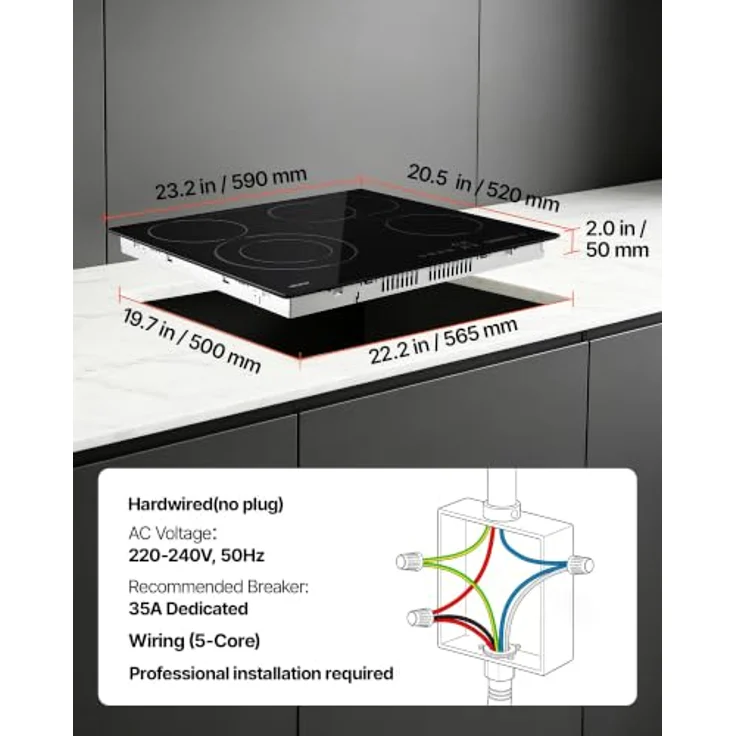 VEVOR Glaskeramikkochfeld SK-66HLC4S4, Einbau Elektrokochfeld 59 x 52 cm mit 4 Kochzonen, 6600 W, 9 Leistungsstufen, Timer, Kindersicherung und Touch-Bedienung – Bild 7