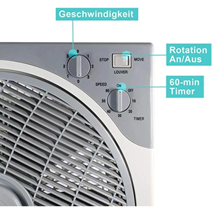 EAXUS Tischventilator Boxventilator - Kraftvoller 40W Fan für Tisch & Boden, Grau, mit Timer, Oszillationsfunktion, 3 Geschwindigkeitsstufen – Bild 3
