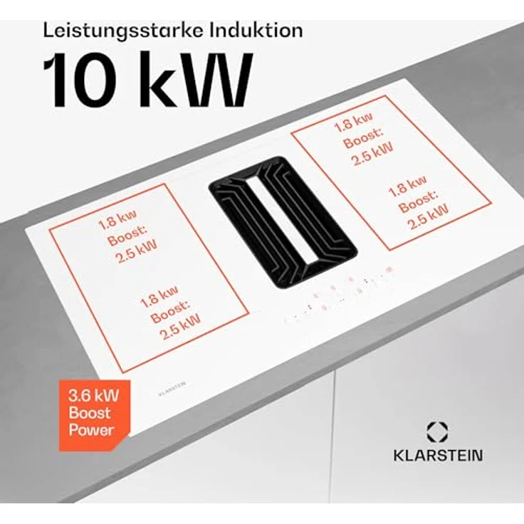 Klarstein AirJet 90 Induktionskochfeld mit integriertem Dunstabzug, 750 m³/h, Energieeffizienzklasse A++, 10.000-W-Boost, Flexzonen, Touchpanel, Kindersicherung, Weiß, 90 cm – Bild 4