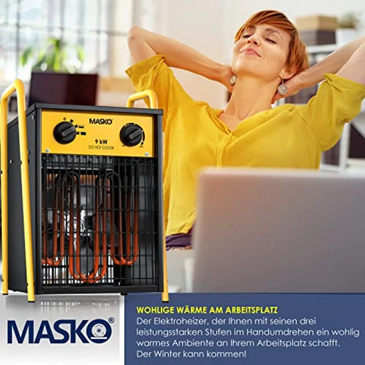 Masko® Elektroheizer Heizlüfter Bauheizer 9 KW mit integriertem Thermostat elektrisch Heizgerät 9000 Watt 3 Heizstufen Heizgebläse für Innen- und Außeneinsatz Überlastschutz Elektroheizgebläse Gelb – Bild 3