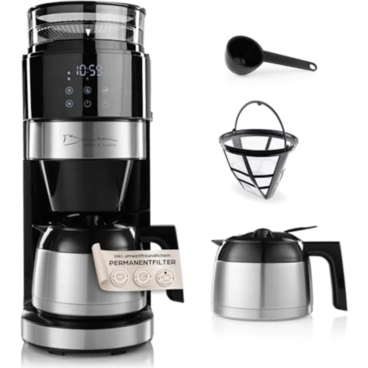 Barista Kaffee & Technik Barista Filterkaffeemaschine Touch Iso, 800W schwarz mit digitalem Touch-Display, Mahlwerk und Isolierkanne, inkl. Timerfunktion und waschbarem Permanentfilter – Bild 1