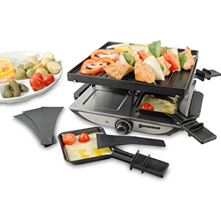 Swissmar Genfer Raclette-Grill, Racletteofen für 4 Personen mit reversibler Gusseisen-Grillplatte, Silber