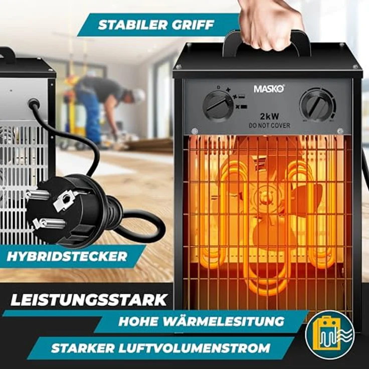 MASKO Elektroheizer Heizlüfter Bauheizer 2 KW, 2000 Watt mit integrierten Thermostat, 3 Heizstufen, überlastgeschützt, für Innen- & Außeneinsatz, anthrazit – Bild 2