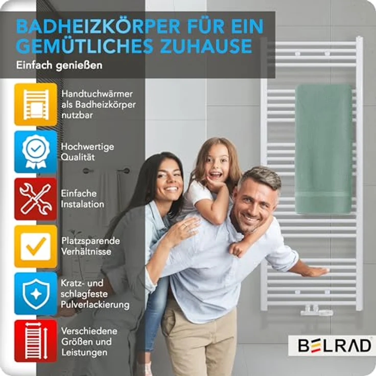 Belrad® Badheizkörper, Moderner handtuchheizkörper aus Qualitätsstahl, weiß pulverbeschichtet, wandmontagefähig & wasserbetrieben, flexible Anschlüsse, langlebig und robust – Bild 2