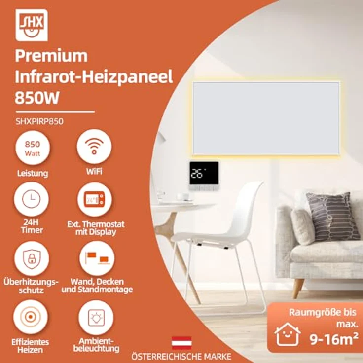 SHX Premium Infrarot Heizung mit WIFI 850W, 9-16 qm, Decken- oder Wandmontage, Standgerät, dimmbare Ambiente Beleuchtung, Fernbedienung, Fenstererkennung, LED Display, Carbon Crystal PET Oberfläche – Bild 2