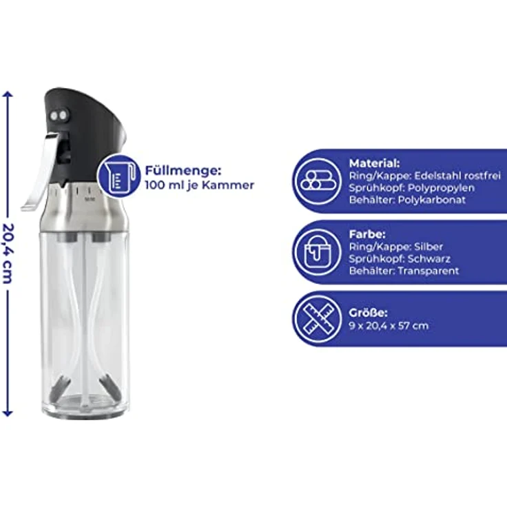 Maximex Mix Zerstäuber, Doppelkammer Essigspender mit Sprühfunktion, 2 x 100 ml Füllmenge, 9 cm x 20,4 cm x 5 cm – Bild 4