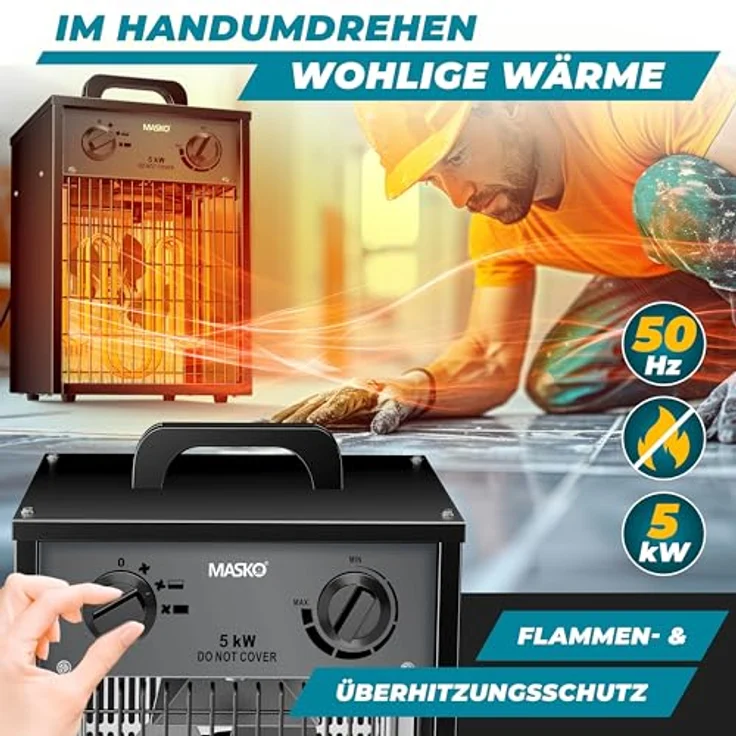 MASKO® Elektroheizer Heizlüfter Bauheizer 5 KW, elektrisch mit integriertem Thermostat, 3 Heizstufen, Überlastschutz, für Innen- & Außeneinsatz, anthrazit – Bild 3