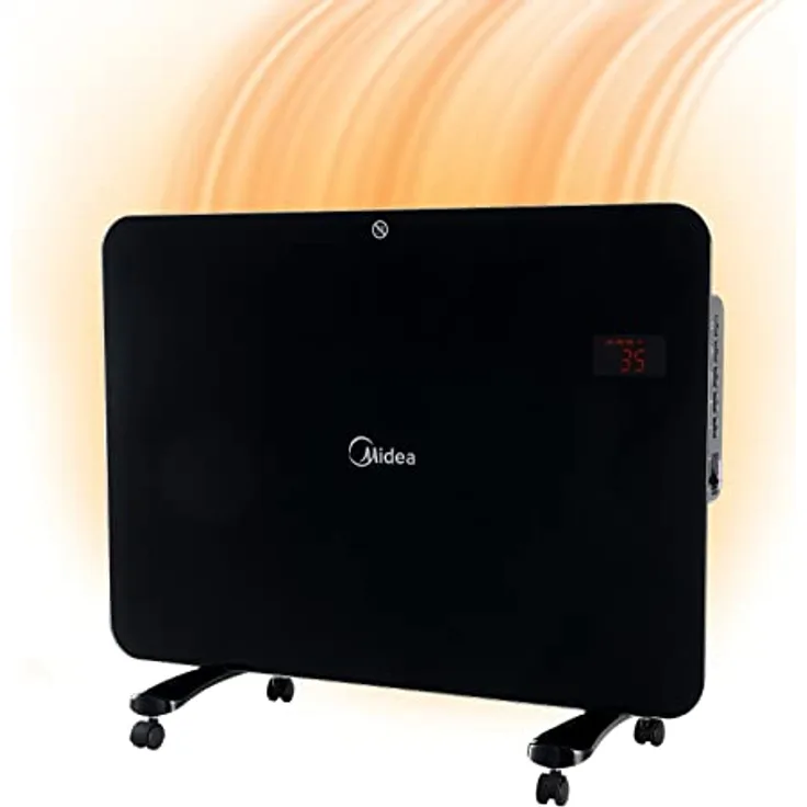 Midea NDK15-15 MRE Elektroheizung, geringer Verbrauch, Konvektor, Glas, 1500 W, warmes Badezimmer, wasserdicht, IPX4 mit Rollen, tragbar, Wand-Konvektor mit Thermostat, Timer 24 h, Schwarz