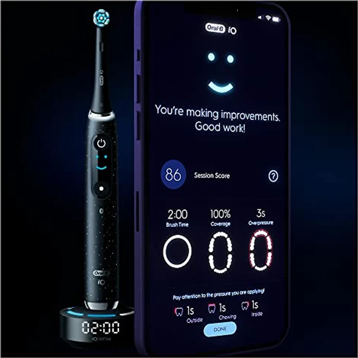 Oral-B iO Series 10 Elektrische Zahnbürste + Ersatzbürste , Bluetooth, 7 Bürstmodi, Coaching, 1 Reisetasche, 1 Tasche, Schwarz / Cosmic Black (Verpackung kann variieren). – Bild 5