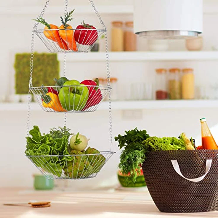 Relaxdays Hängekorb 3 Etagen, hängende Obstkörbe, 3er Etagere für die Decke, Obst, platzsparend in Küche, Stahl, silber, 73 x 28 x 28 cm – Bild 3