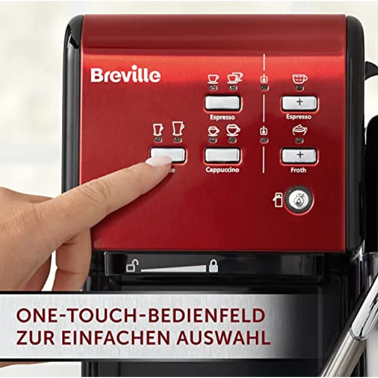 Breville PrimaLatte II Kaffee- und Espressomaschine VFC109X-01, 19 bar, für Kaffeepulver oder Pads geeignet, Integrierter automatischer Milchschäumer, schwarz-rot – Bild 2