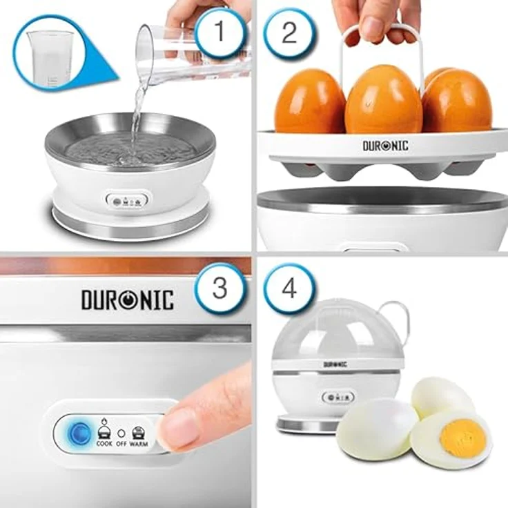 Duronic EB27 WE Eierkocher für 1–7 Eier, 400 W mit Härtegradeinstellung, Timer & Überhitzungsschutz, inkl. Messbecher und Eipick, weiß – Bild 4