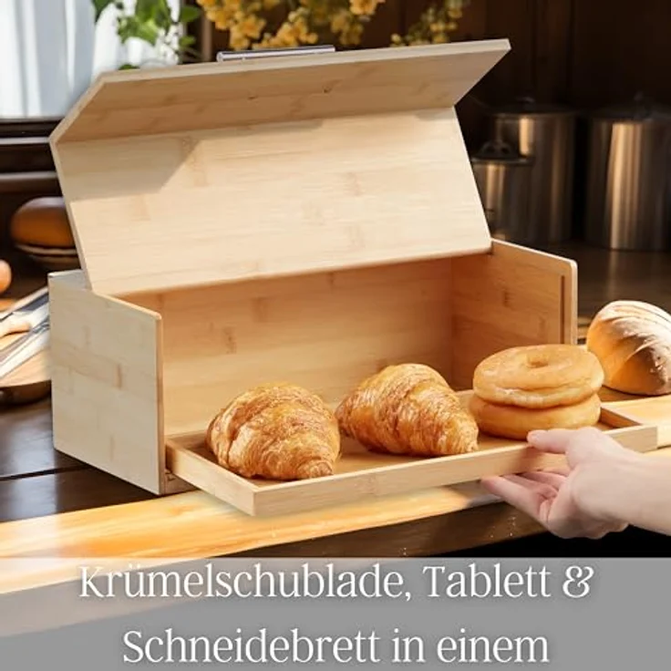 ecosa Brotbox aus nachhaltigem Bambus mit Edelstahlgriff und herausnehmbarer Krümelschublade, Brotkasten in Naturfarben - Preisvergleich – Bild 4