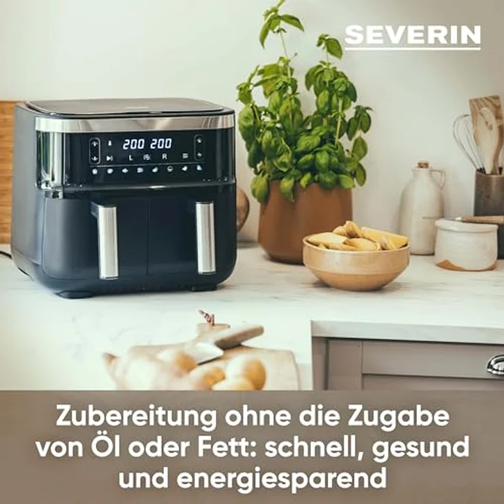 SEVERIN Doppel Heißluftfritteuse mit 2 x 3,8 L Garraum, XXL Heißluftfritteuse für gesundes Kochen, 8 Automatik-Programme, Fritteuse ohne Fett mit Dörrfunktion, 2850 W, schwarz/silber, FR 2453 – Bild 3