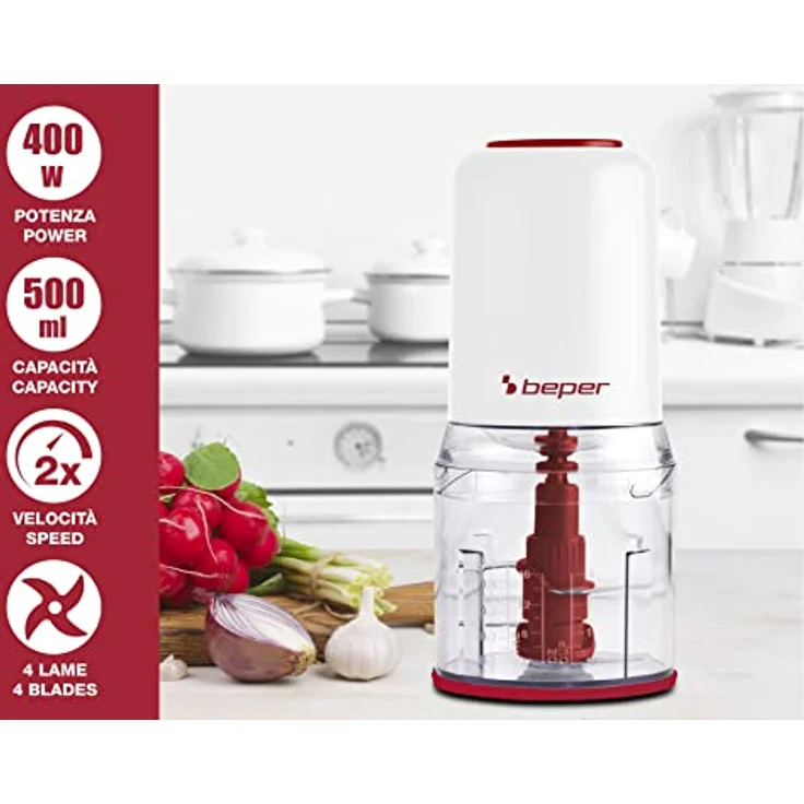 Beper Universal-Zerkleinerer mit doppelter Klinge für gleichmäßiges Mahlen und Zerkleinern, Stahlklinge, 400 W, Behälter 0,5 L - Weiß – Bild 2