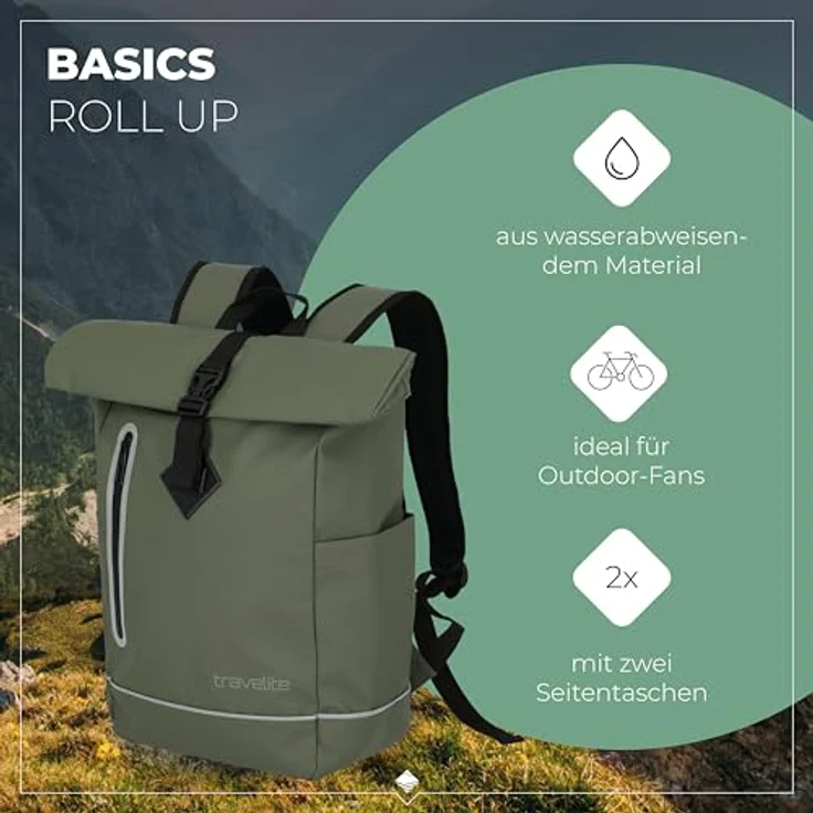 travelite BASICS Roll-Up Rucksack, Freizeitrucksack aus wasserfester Plane, atmungsaktive Rückwand, für Wandern und Reisen – Bild 2
