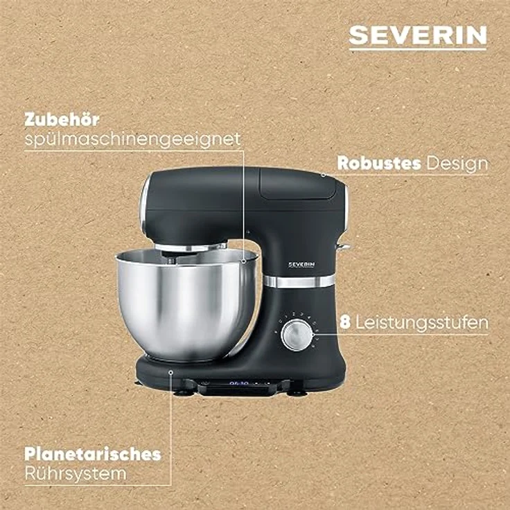 SEVERIN Küchenmaschine mit Waage, große Knetmaschine für bis zu 3 kg Kuchenteig, robuste Teigmaschine mit Knethaken, Flachrührer und Schneebesen, 1.000 W, schwarz, matt/Edelstahl, KM 3898 – Bild 4